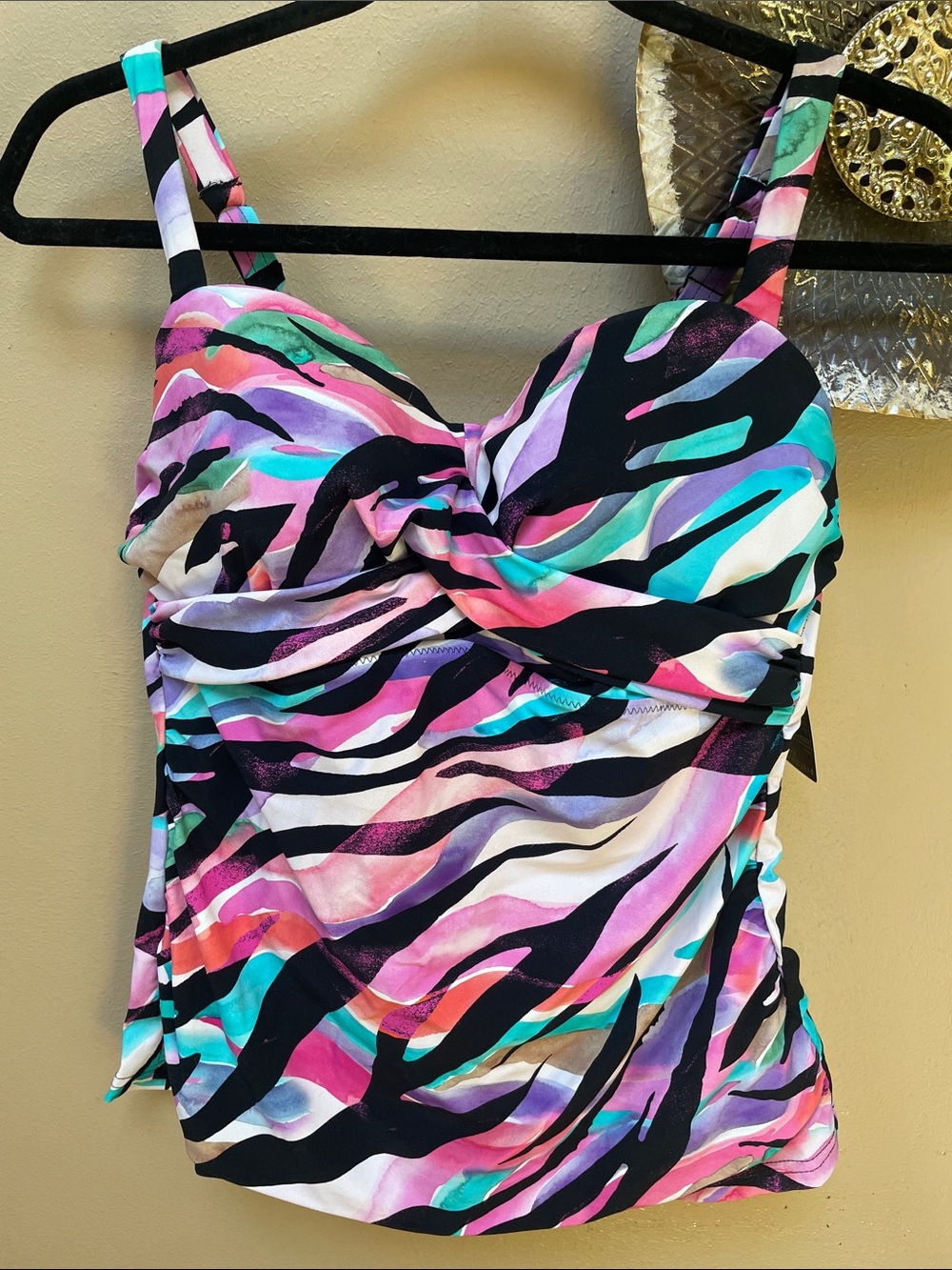 Multicolor Strappy Women's bathing suit Tankini Top -Pink, Teal & Black Print